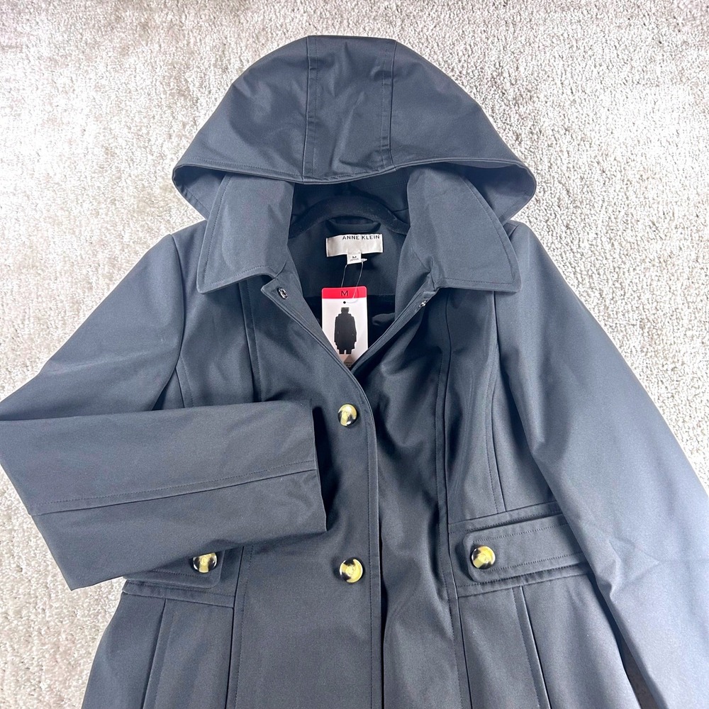 Anne Klein Womens Black Hooded Softshell Jacket Button Front Size M 1908432